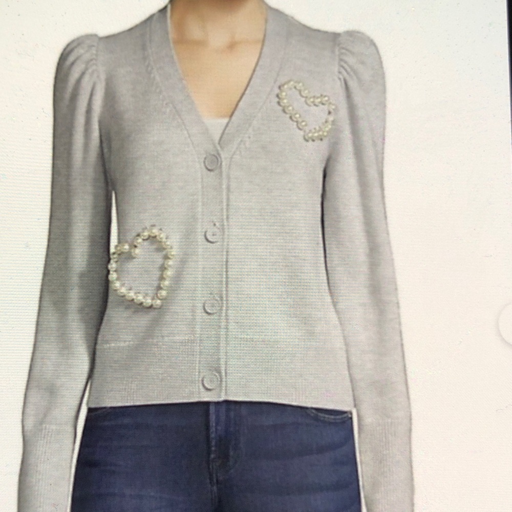 NWOT kate spade Light Gray Pearl-Trim Puff-Sleeve V-Neck Cardigan